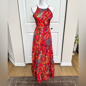 Vibrant Red Paisley Halter Maxi Dress (medium)